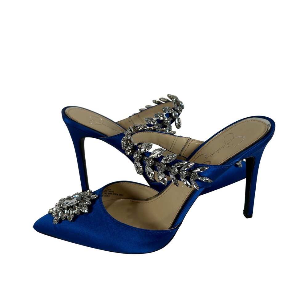 Jessica Simpson Havella Cobalt Blue Satin Jeweled Pointed Toe Mules Heels 8.5 M